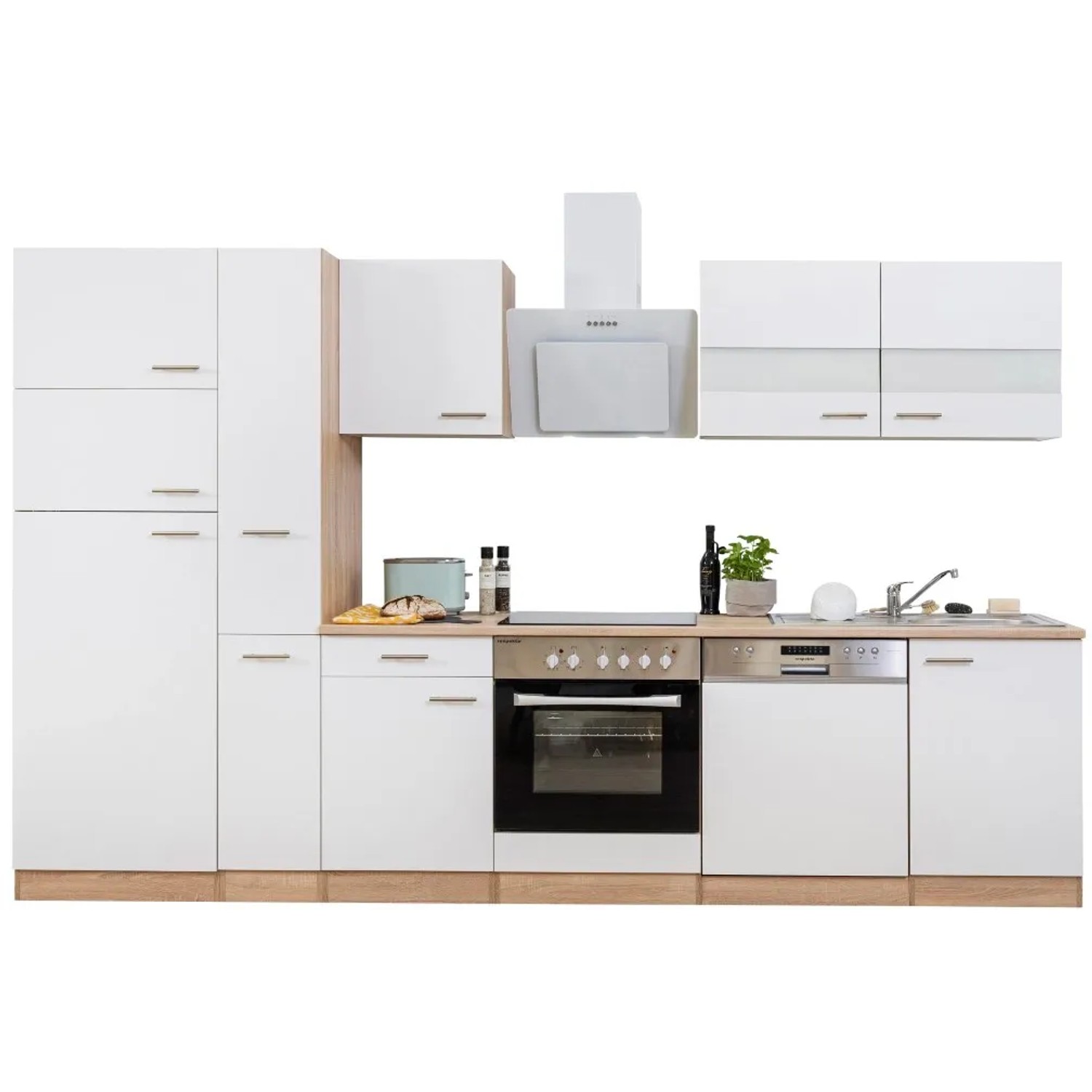 Respekta Küchenzeile KB310ESWCGKE, 310 cm, Weiß/Eiche Sägerau Nachbildung mit E-Geräten.