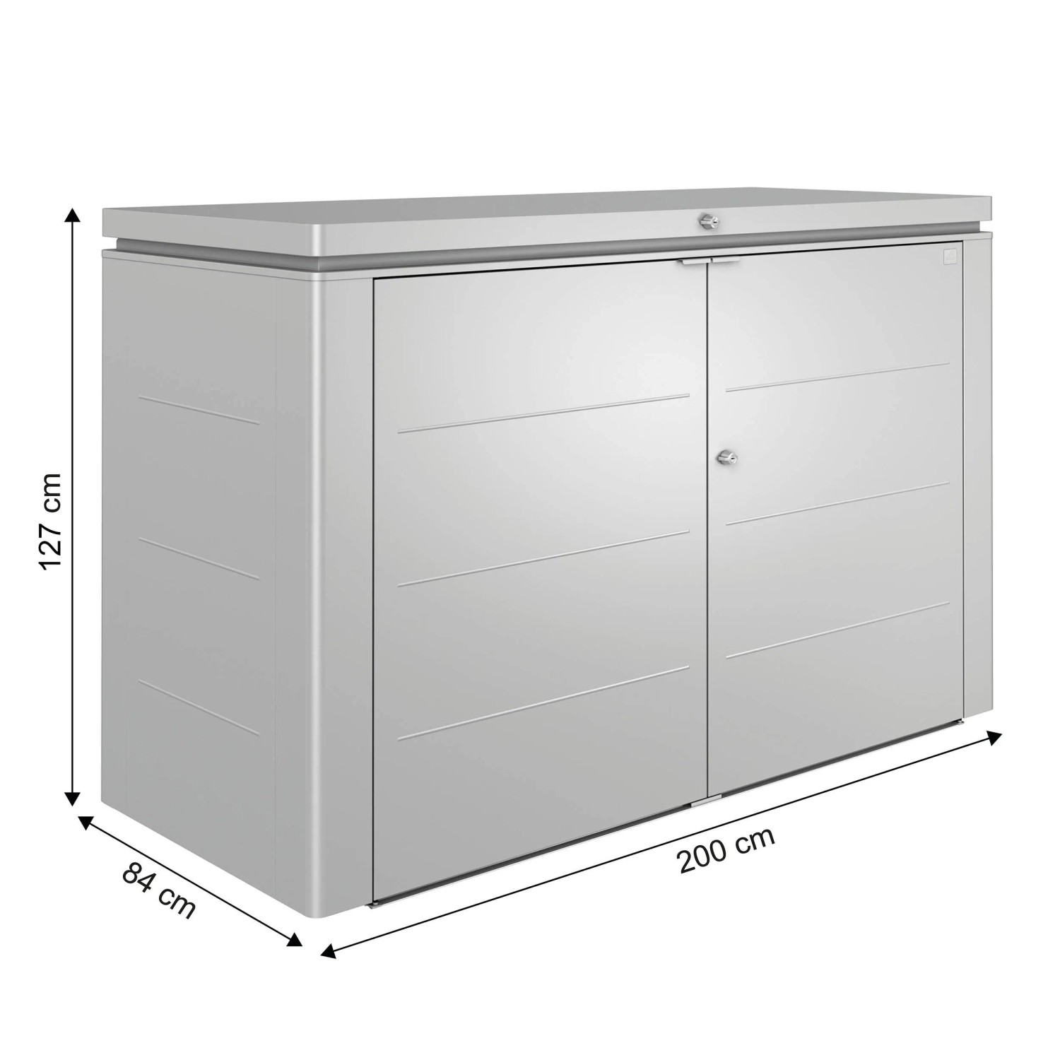 Biohort HighBoard 200 Gartenbox in Silber-Metallic: Universalbox mit Flügeltüren und Schloss.