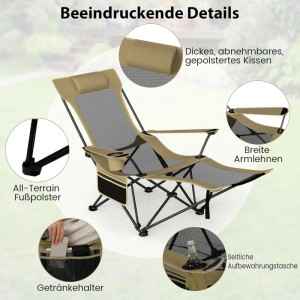 Khaki Campingstuhl mit verstellbarer Rückenlehne, abnehmbarer Fußablage, Getränkehalter und Seitentasche.