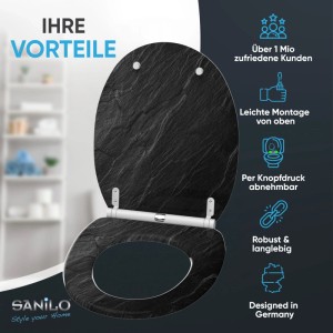 Sanilo WC Sitz Granit-Optik aus Holz, schwarz, mit Absenkautomatik. Robust & leicht montierbar.