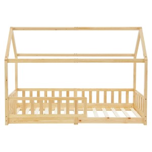 Naturfarbenes Juskys Kinderbett Marli 90x200 cm im Hausdesign mit Rausfallschutz und Lattenrost.