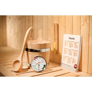 Weka Sauna Zubehörset, 5-teilig: Kübel, Kelle, Thermometer, Sanduhr und Baderegeln.