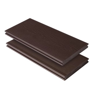 Kovalex WPC Terrassendielen, massiv, schokobraun, mit Holzstruktur und geriffelter Unterseite.