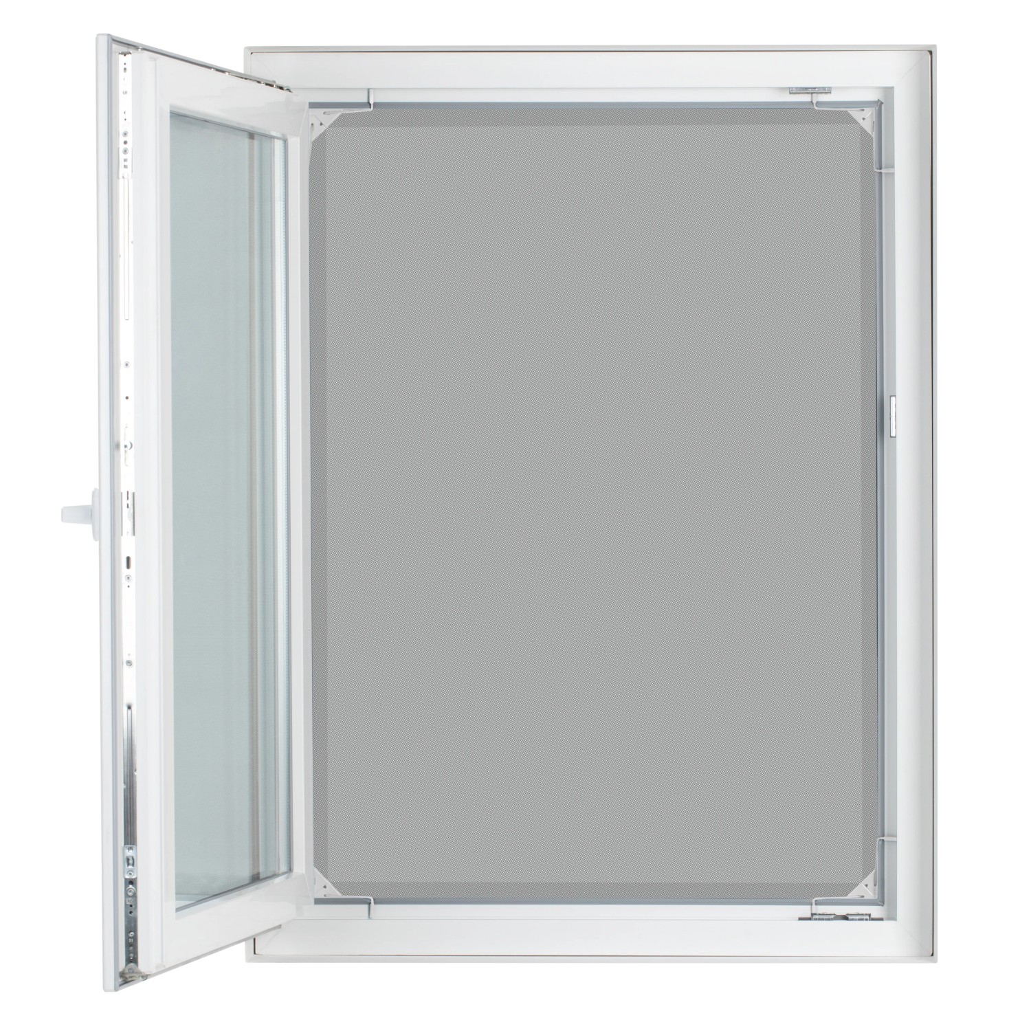 Easymaxx Moskitonetz Magic Fit, weiß, im Fensterrahmen mit geöffnetem Fensterflügel.