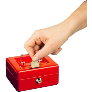 Rote Burg-Wächter Geldkassette Money 5012 mit Hand, die eine Münze einwirft.