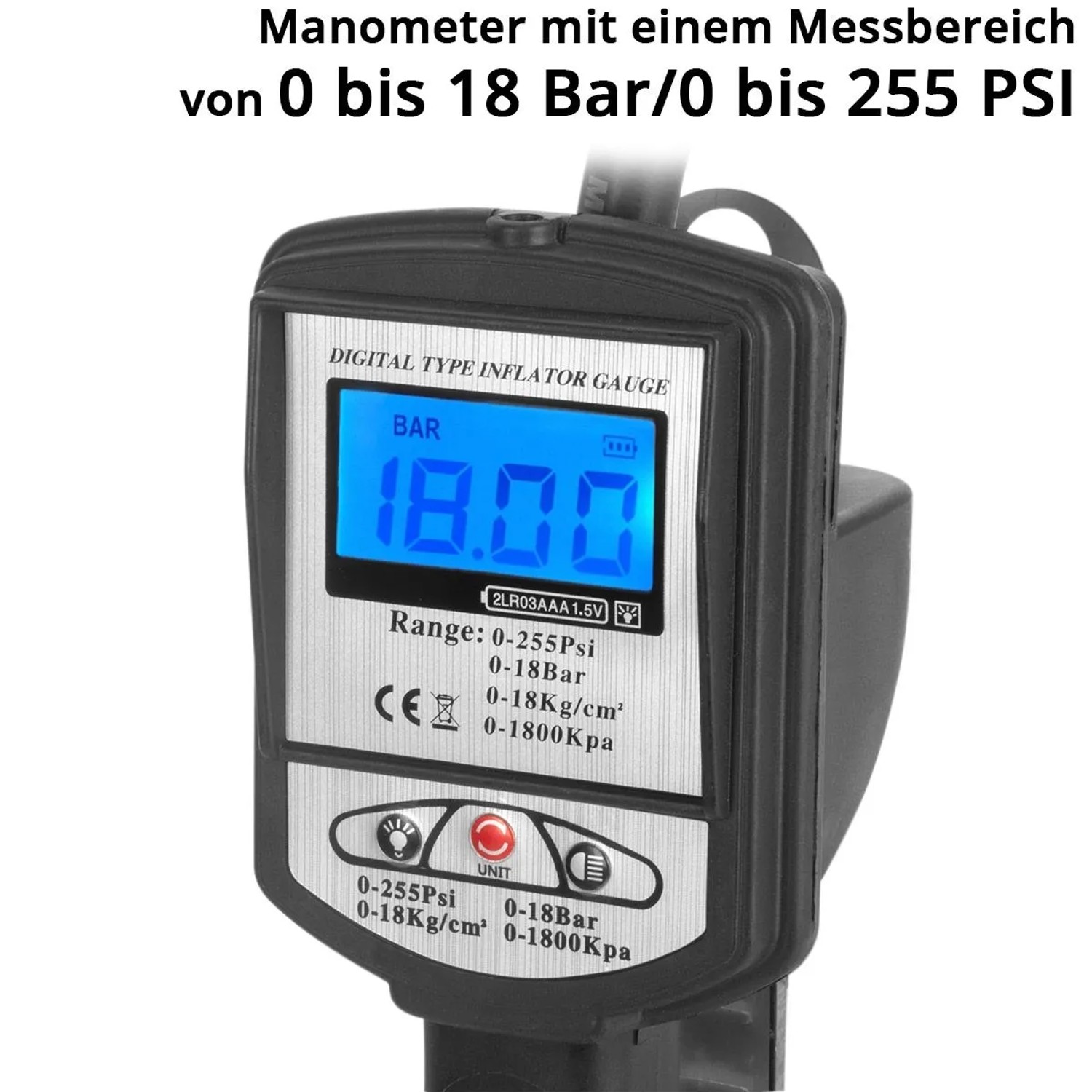 STAHLWERK digitale Reifenfüllpistole: Manometer zeigt 18 Bar. Messbereich 0-18 Bar/255 PSI. Präziser Reifendruckprüfer für Kompressoren.