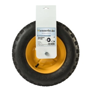 Luftrad für Schubkarre, 380 mm, mit gelber Felge, Gleitlager und Achse.