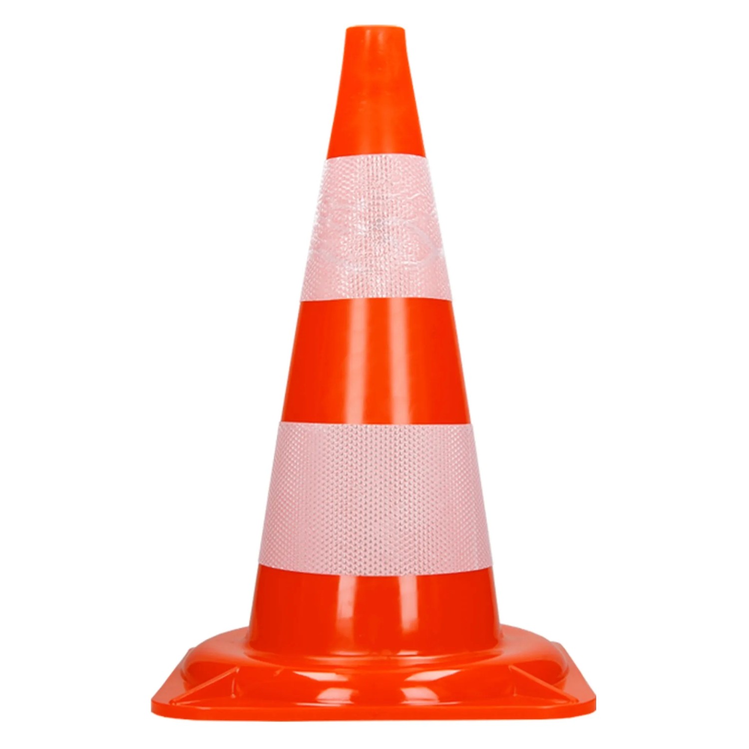 Oranger Verkehrskegel, 47cm hoch, mit zwei reflektierenden, weißen Streifen für Pannenhilfe.