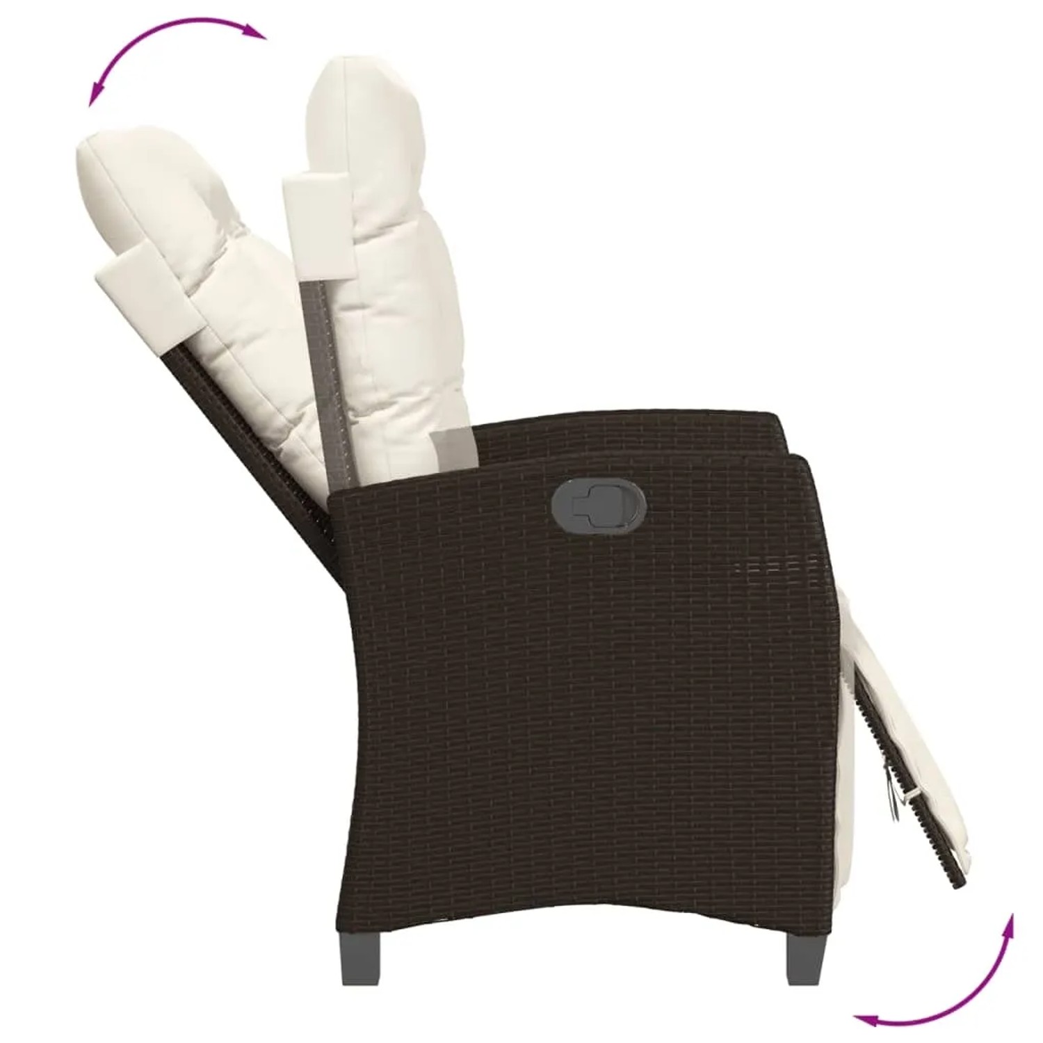 Verstellbarer brauner Relaxsessel aus Polyrattan mit cremefarbenen Kissen, Teil des vidaXL Bistro-Sets.
