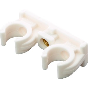 Doppelter Rohrclip Ø 15 mm, 10er-Set, aus Kunststoff mit Gewindehülse zur Befestigung von zwei Rohren.