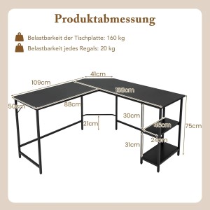 Schwarzer Costway L-Form Gaming Schreibtisch mit Ablageregal und Metallrahmen.