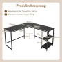Schwarzer Costway L-Form Gaming Schreibtisch mit Ablageregal und Metallrahmen.