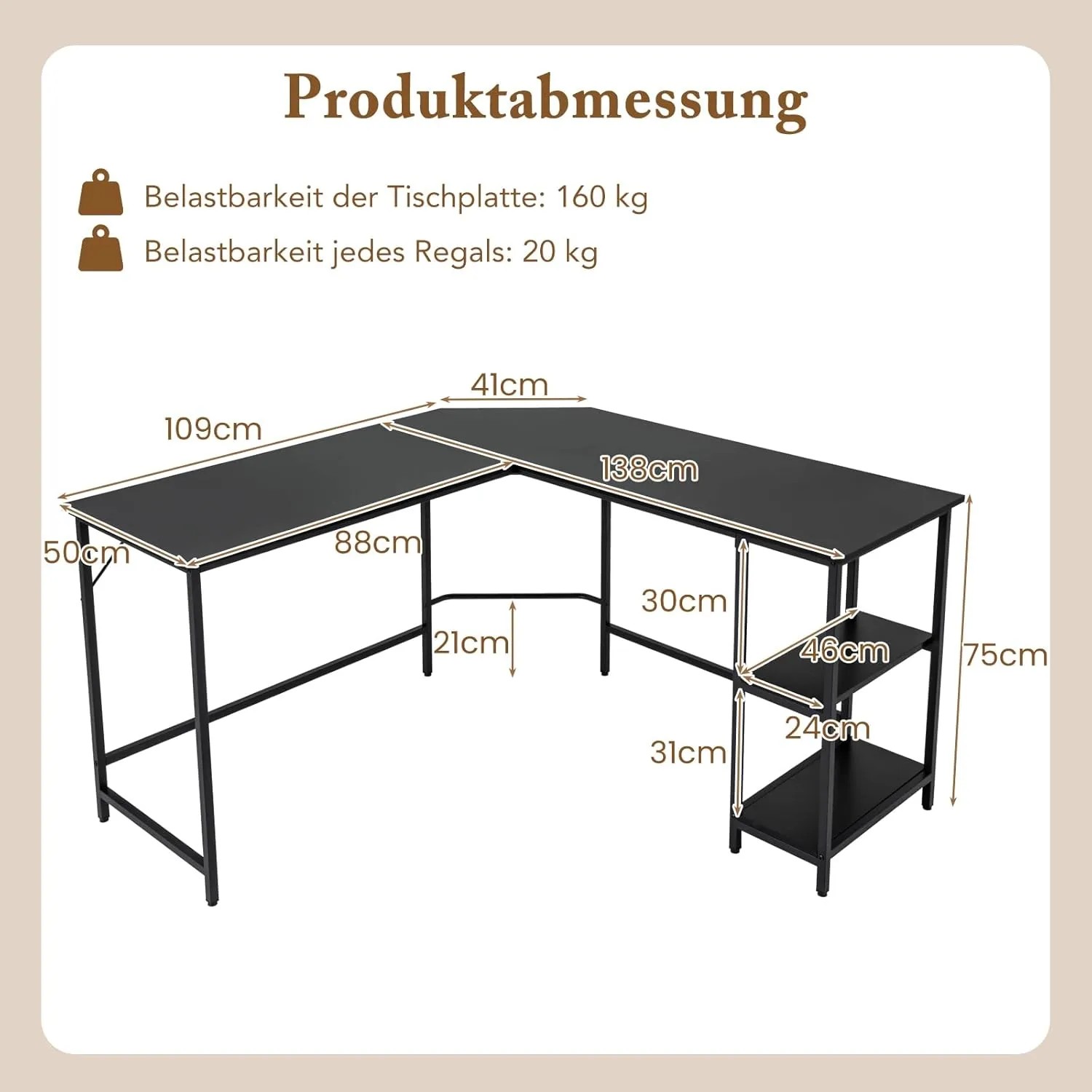 Schwarzer Costway L-Form Gaming Schreibtisch mit Ablageregal und Metallrahmen.