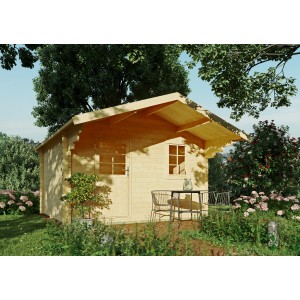 Unbehandeltes Kiehn-Holz Gartenhaus KH 44-007 (350x300cm) im Garten.