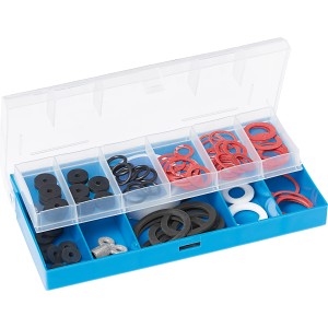 LUX Dichtungssortiment, 84-teilig, in blauer Kunststoffbox mit diversen Dichtungsringen und Heizungsschlüssel.