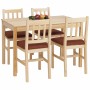 Esszimmer-Set Landhausstil: Massiv-Holz Kiefer Tisch & 4 Stühle mit vertikalen Lehnen und Terrakotta-Polster.
