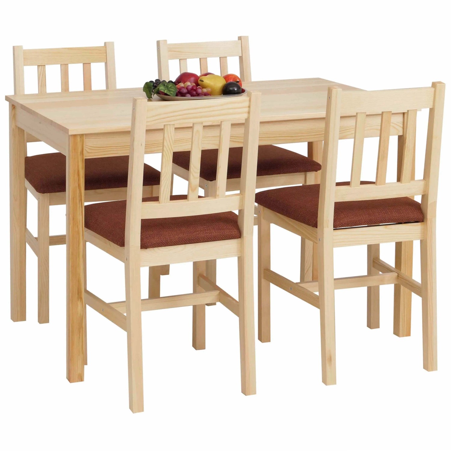 Esszimmer-Set Landhausstil: Massiv-Holz Kiefer Tisch & 4 Stühle mit vertikalen Lehnen und Terrakotta-Polster.