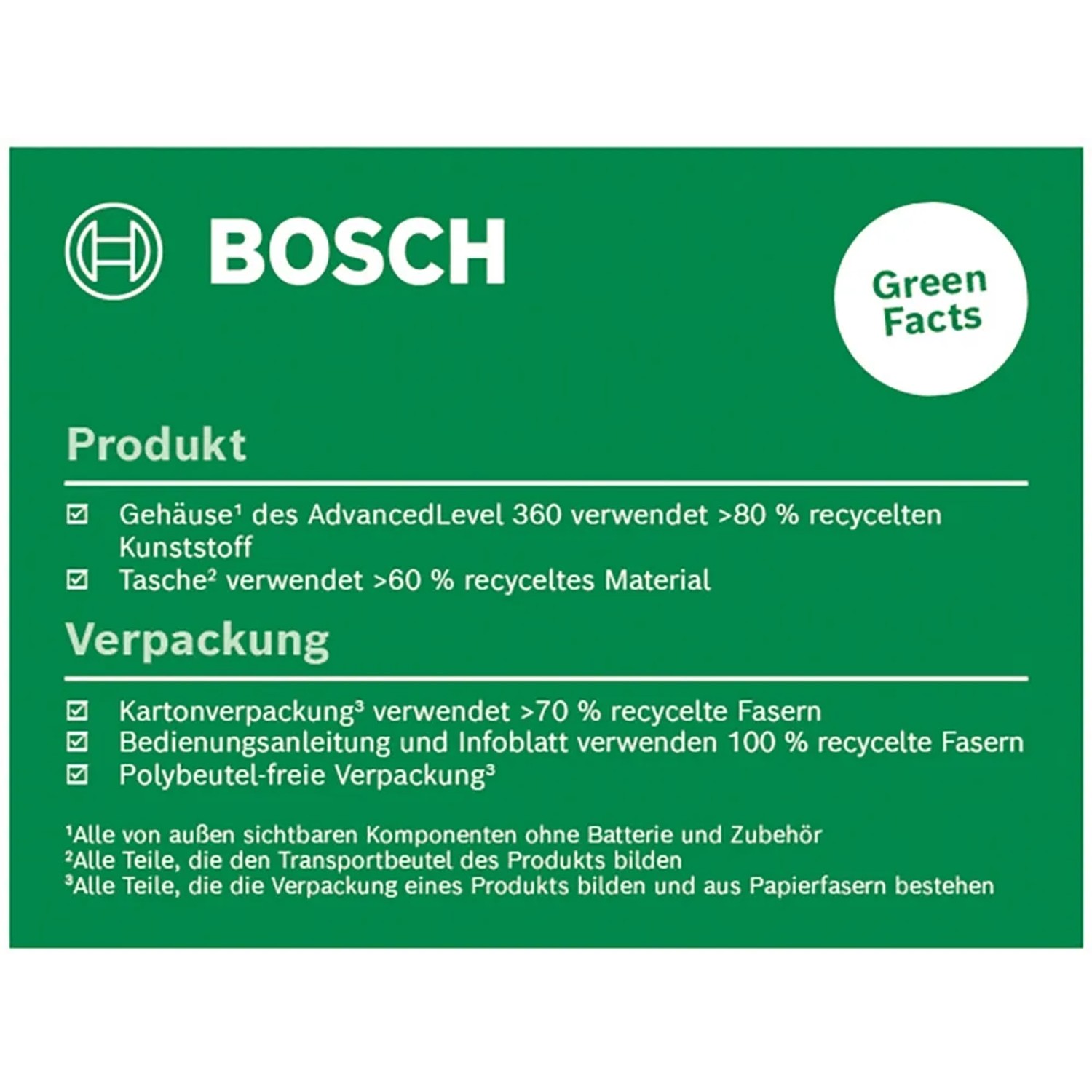 Infografik zu Nachhaltigkeit des Bosch AdvancedLevel 360 Kreuzlinienlasers.