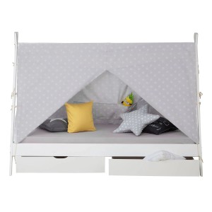 Weißes Homestyle4u Kinderbett 90x200 mit Hausbett-Gestell, Sternenzelt und zwei Schubladen.