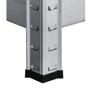 Detailaufnahme: Verzinktes Schulte Schwerlastregal mit schwarzem Fuß und Stecksystem.