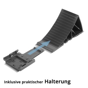 Schwarzer STAHLWERK Unterlegkeil aus HDPE-Kunststoff mit geriffelter Oberfläche und passender Halterung für Anhänger.
