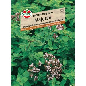 Samenpackung Sperli Majoran Sperlis Marjolaine mit blühendem Majoran.