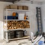 OBI Metall-Schwerlast-Steckregal XL verzinkt in Garage, beladen mit Holz, Reifen, Kartons. 4 MDF-Böden für Ordnung.