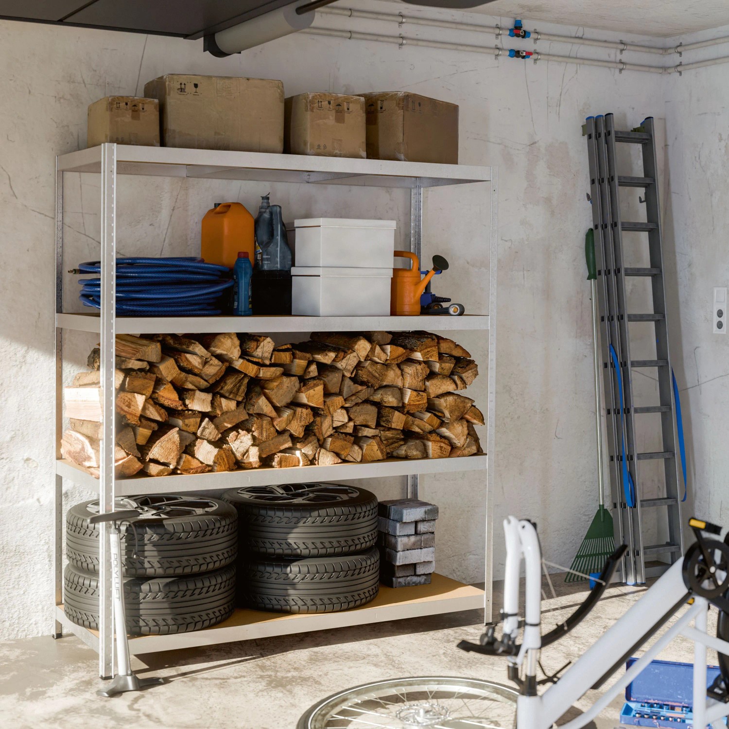 OBI Metall-Schwerlast-Steckregal XL verzinkt in Garage, beladen mit Holz, Reifen, Kartons. 4 MDF-Böden für Ordnung.
