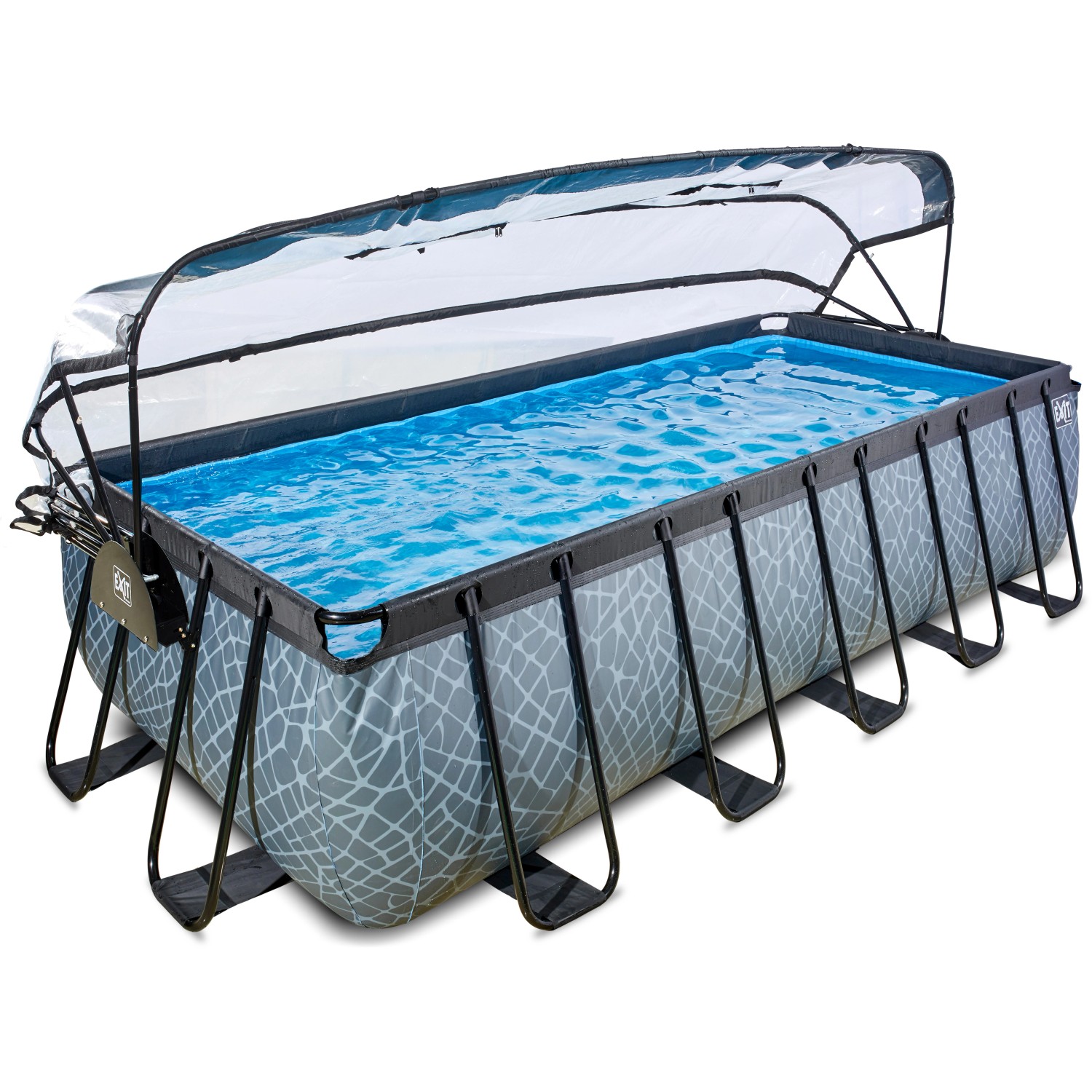 Rechteckiger EXIT Stone Pool in Grau mit Abdeckung, Sandfilterpumpe und Wärmepumpe.