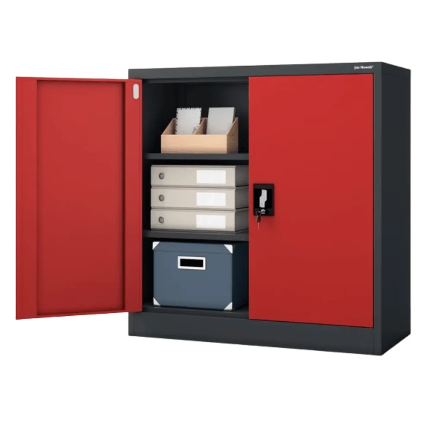 JAN NOWAK Aktenschrank Abschließbar BEATA mit Flügeltüren 93 x 90 x 40 cm Anthrazit-Rot