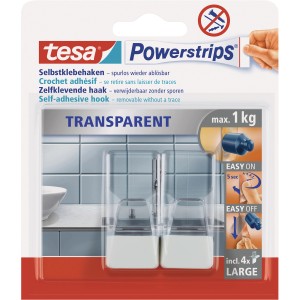 Tesa Powerstrips Haken, transparent-weiß, 2 Stück. Selbstklebende Handtuchhalter für Bad & Küche.