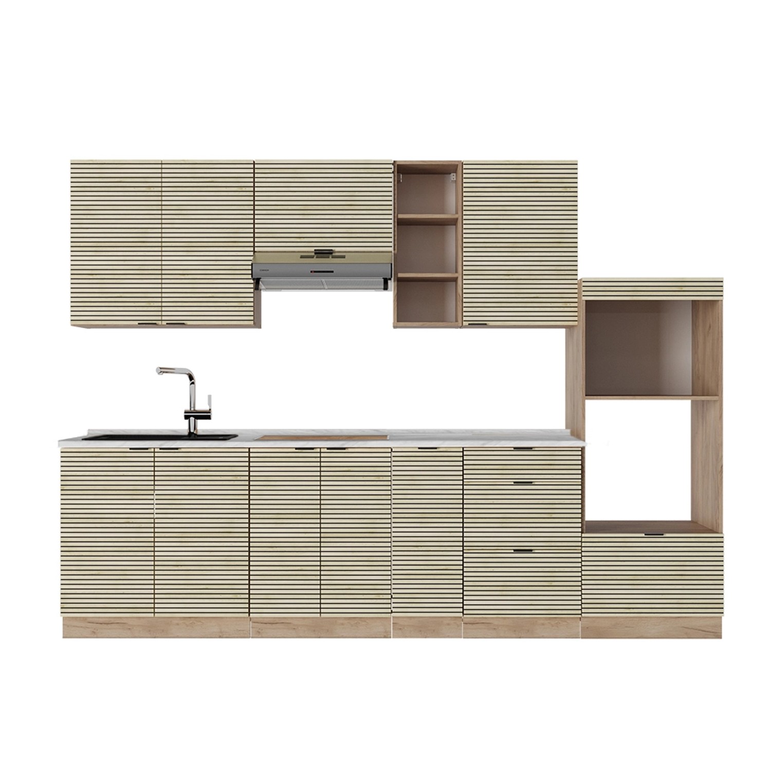 Vicco Fame-Line Küchenzeile Eiche Paneel/Goldkraft Eiche 280 cm AP Marmor günstig online kaufen