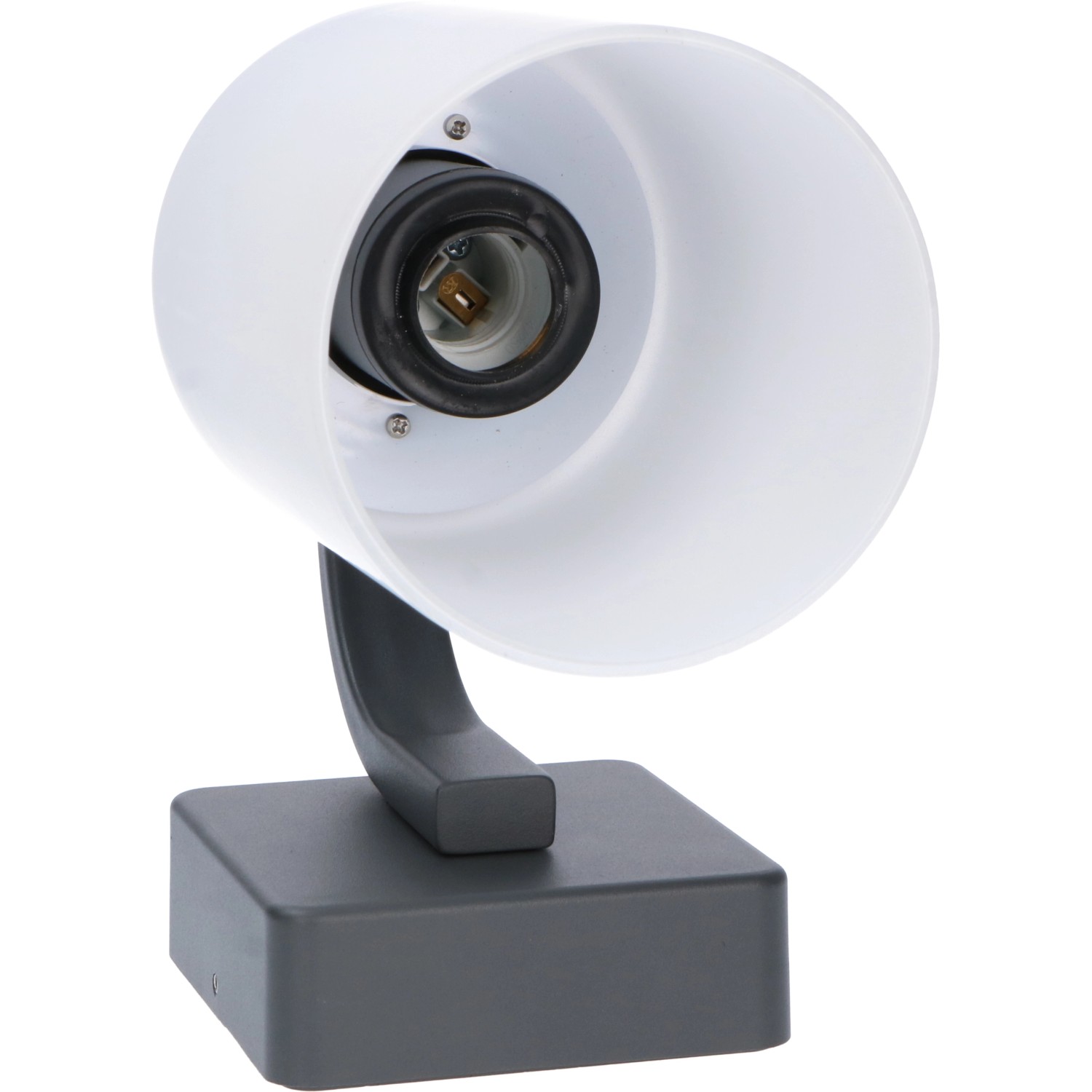 Anthrazitfarbene LED`s light Außenwandleuchte, 1-flammig, mit weißem Lampenschirm.