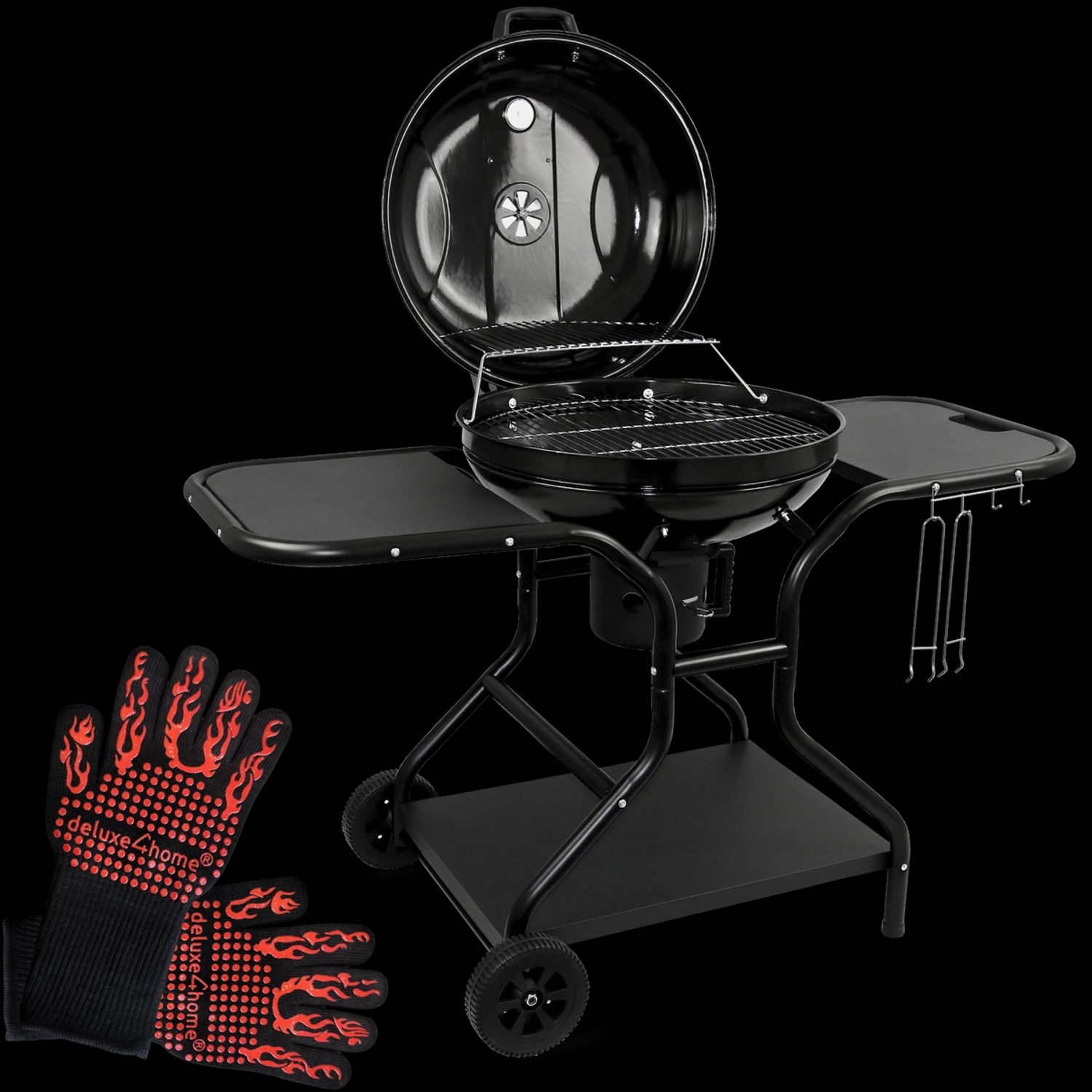 deluxe4home BBQ Kugelgrill mit zwei Ablagen und Grillhandschuhen