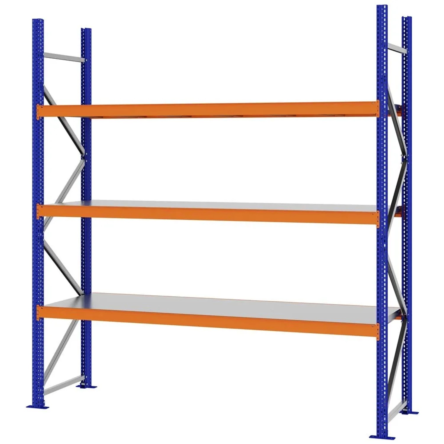PROREGAL Weitspannregal Schraub-Stecksystem MAGNUS PRO Made In Germany Grundregal 250x225x60cm 3 Ebenen Stahlböden Fachlast 520kg Blau/Orange