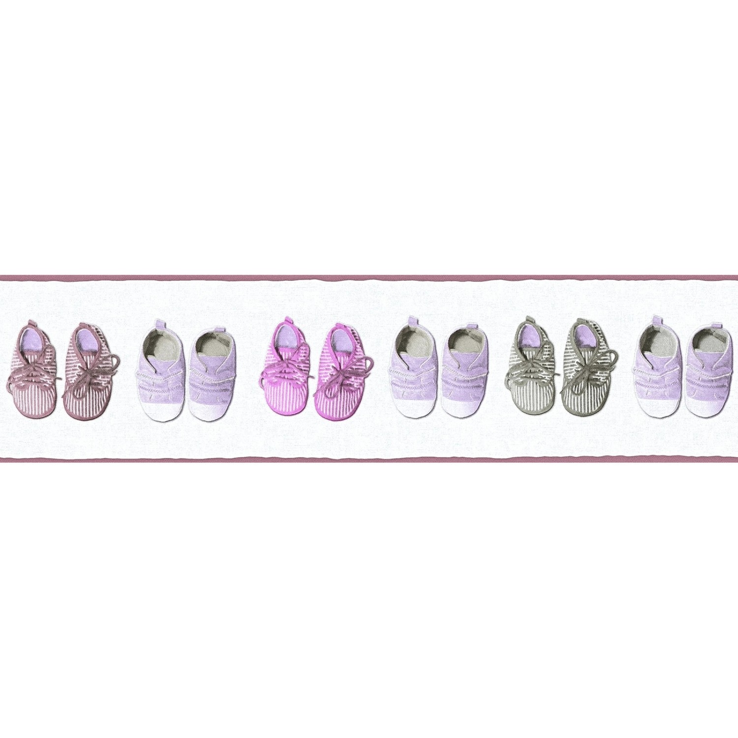 Bricoflor Babyzimmer Tapetenbordüre in Grau Pink Verspielte Wandbordüre mit Baby Schuhen Ideal für Mädchenzimmer Vlies T