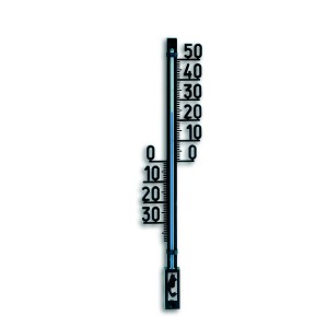 Schwarzes TFA Außenthermometer aus Kunststoff mit gut lesbarer Skala zum Aufhängen.