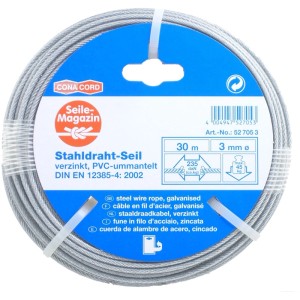 Verzinktes Stahldrahtseil, PVC-ummantelt, 2/3 mm x 30 m auf Spule.