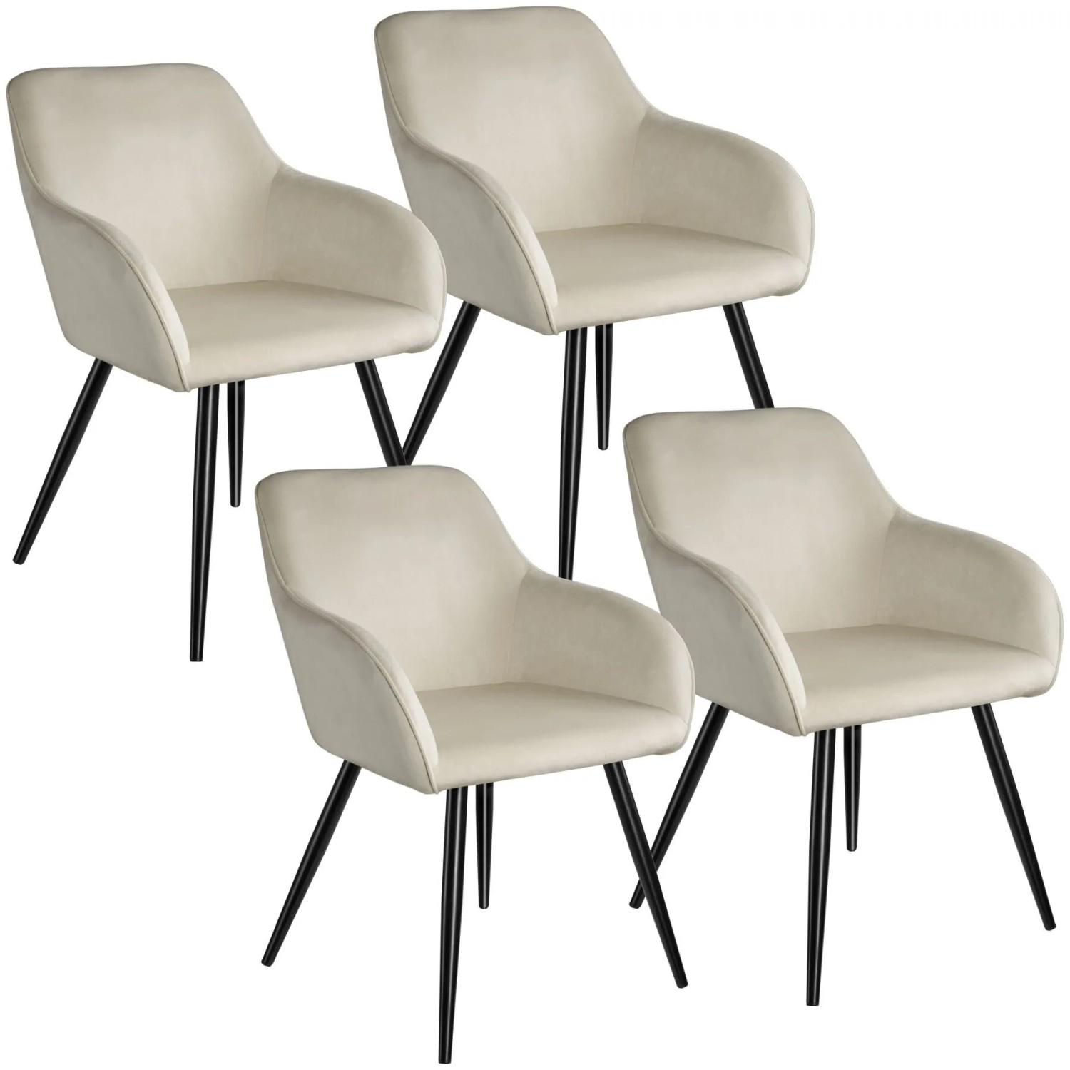 Tectake Esszimmerstuhl Marilyn Gepolstert  In Samtoptik Durchgehende Lehne 4Er Set 62 x 58 x 82 cm Creme Schwarz