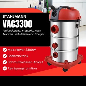 STAHLMANN VAC3300 Industriestaubsauger, 30L Edelstahl Tank, Nass- & Trockensauger mit 3300W Leistung.
