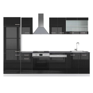 Moderne Vicco R-Line Küchenzeile in Schwarz Hochglanz/Weiß mit anthrazitfarbener Arbeitsplatte, 300 cm breit.