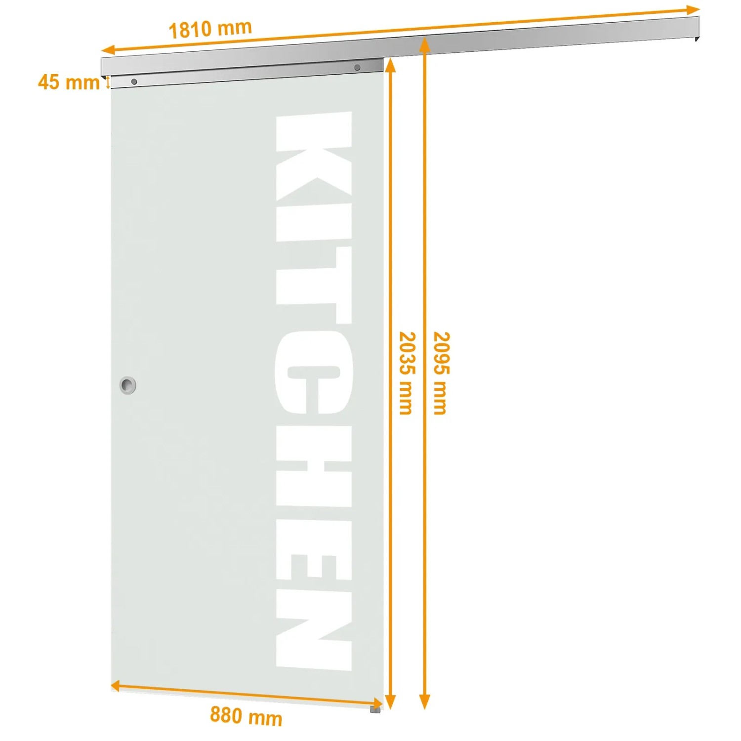 inova Glasschiebetür mit Kitchen Schriftzug, 880x2035mm, Komplettset mit Softclose.