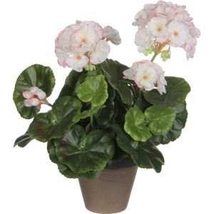 Dekorative, weiß-rosa Kunstpflanze Geranie im Topf. Natürliche Optik für Innenräume.