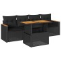 Schwarze 5-tlg. vidaXL Garten-Sofagarnitur aus Poly Rattan mit Akazienholz-Tisch und Kissen.