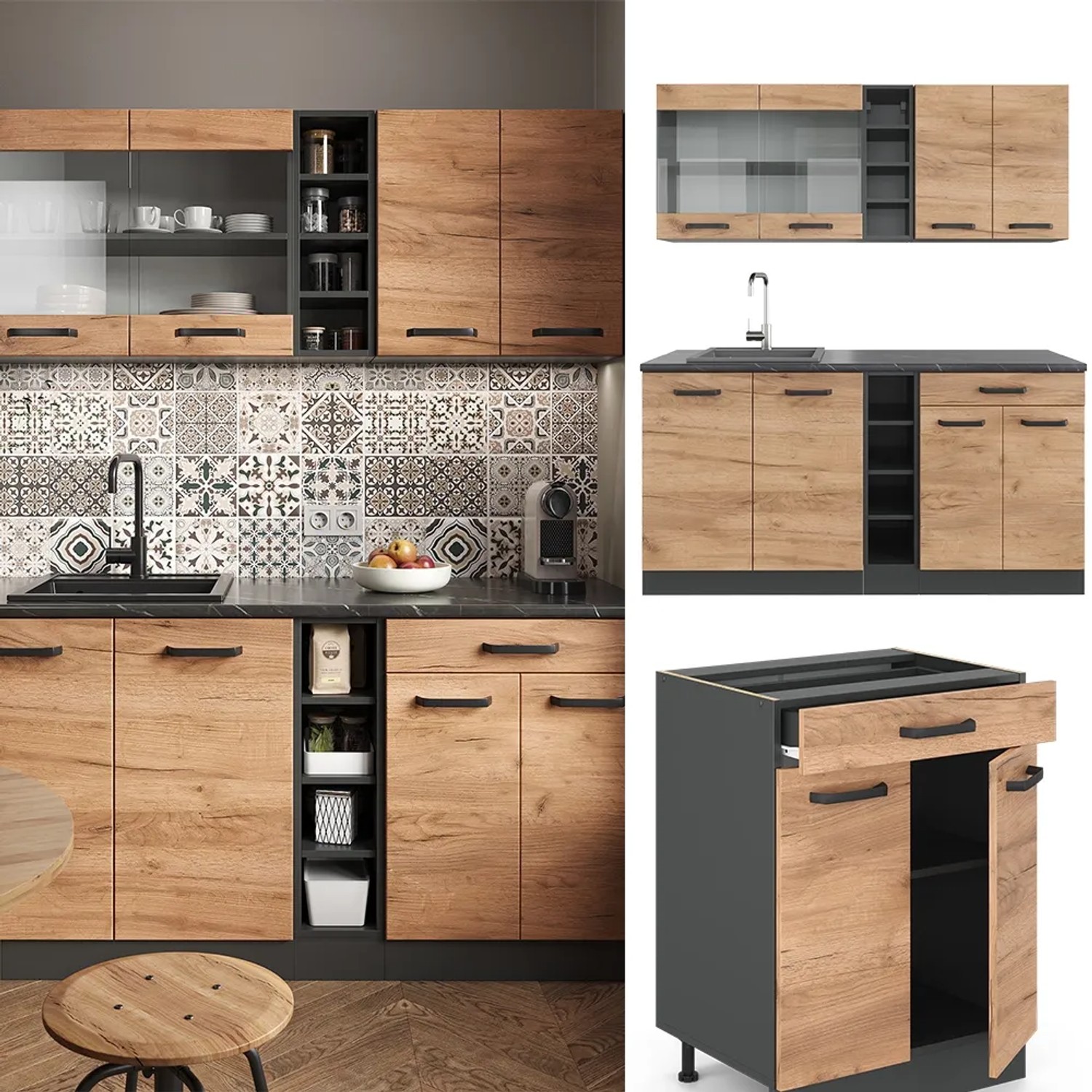 Vicco Singleküche R-Line in Goldkraft Eiche/Anthrazit, 160 cm breit, ohne Arbeitsplatte.