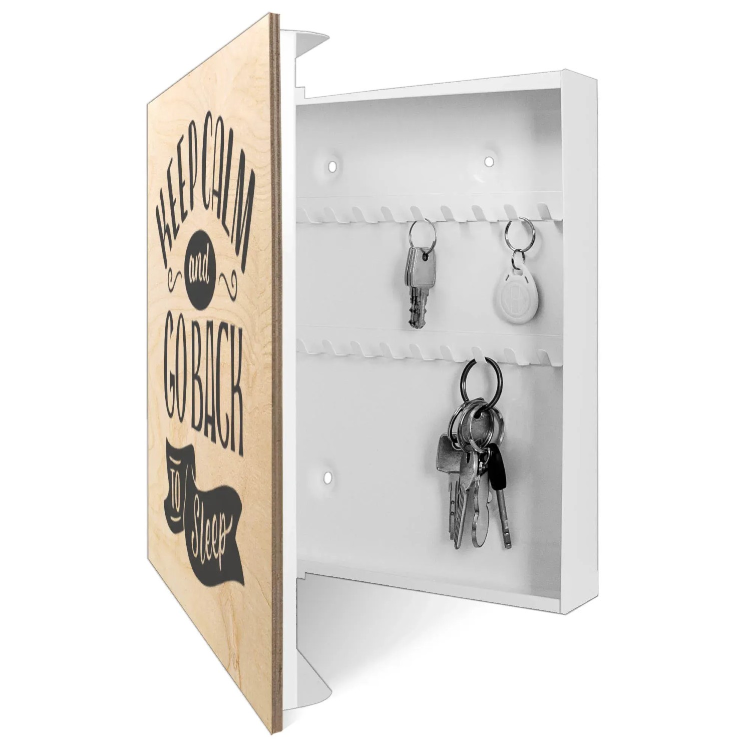 Weißer Schlüsselkasten aus Holz mit 'Keep Calm'-Motiv, 30x30cm, 50 Haken zur Schlüsselaufbewahrung.