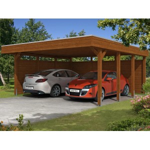Skan Holz Carport Friesland Nussbaum mit zwei geparkten Autos.