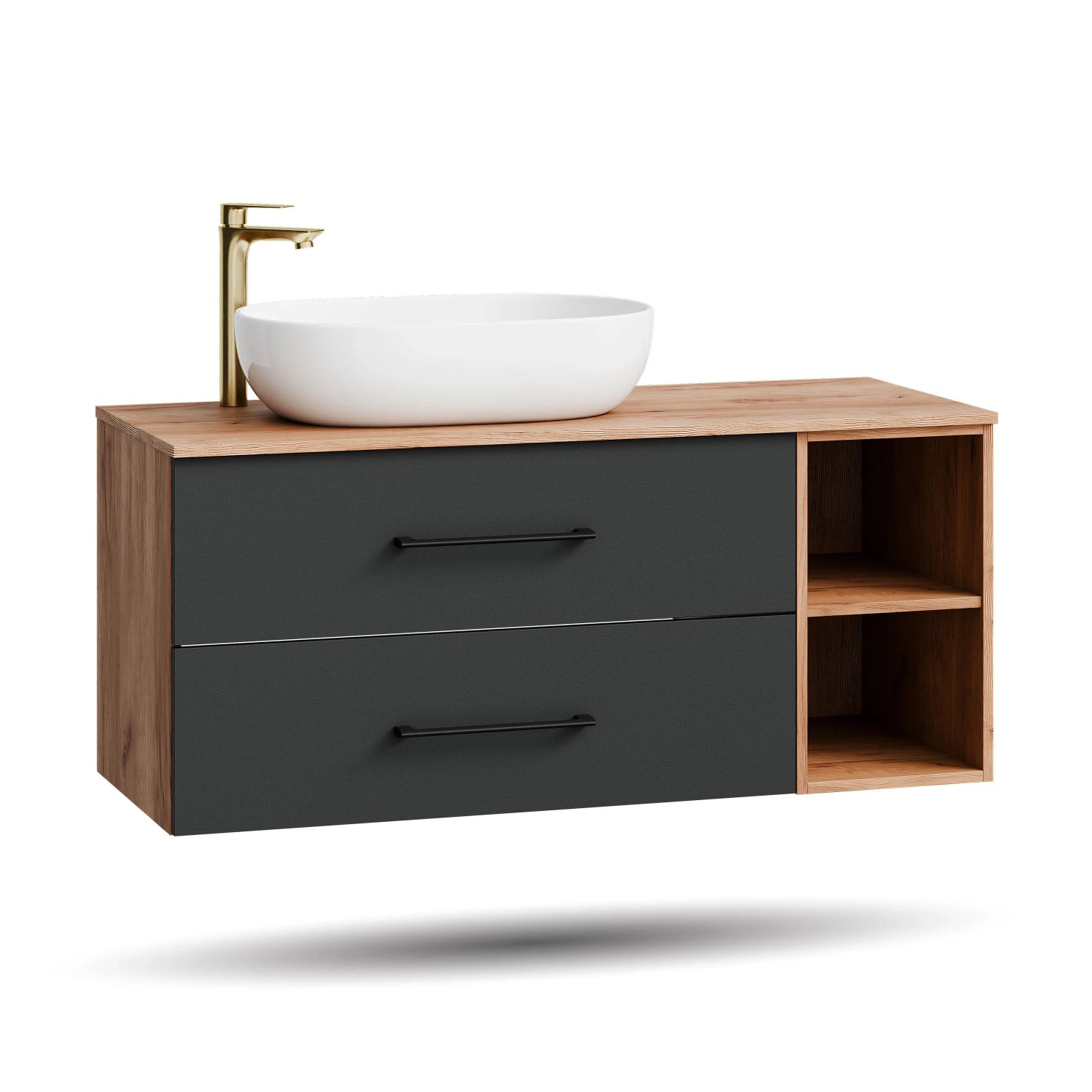 Planetmöbel LUX Waschtischunterschrank 120 cm mit Regal Aufsatzwaschbecken 60 cm Weiß Soft Close