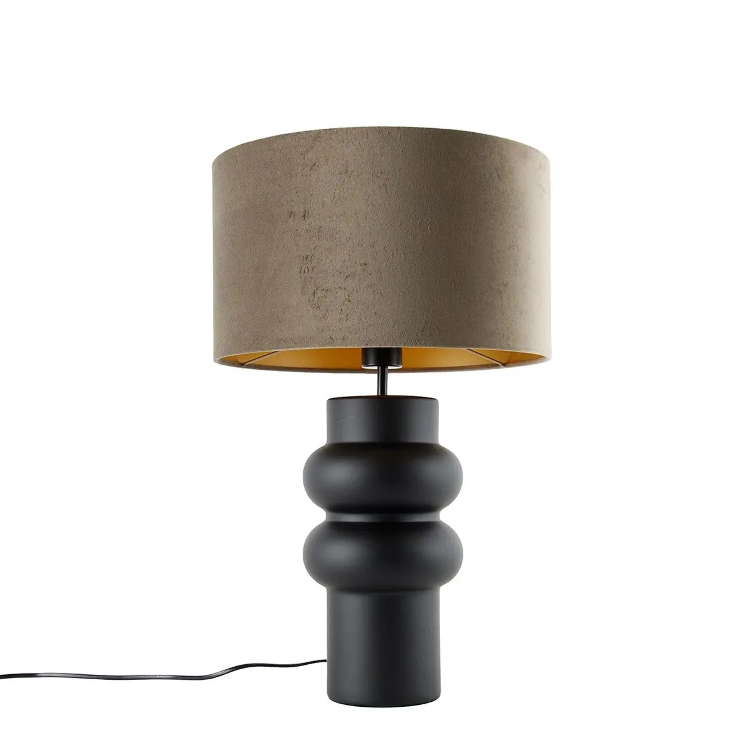 QAZQA Design Tischleuchte Schwarzer Samt Schirm Taupe mit Gold 35 cm Alisia