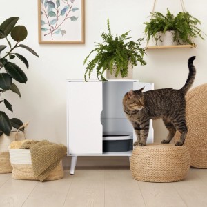 Relaxdays Katzenschrank für Katzentoilette Spanplatte Kiefernholz PVC Weiß 2 Türen 77 cm x 58 cm x 40 cm 12,4 kg